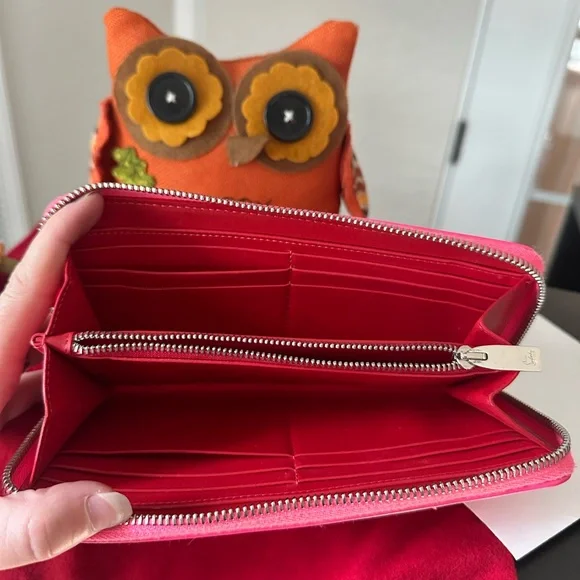 Christian Louboutin RARE COLOR Neon Pink Studded Wallet zippy Card Holder - Picture 9 of 13